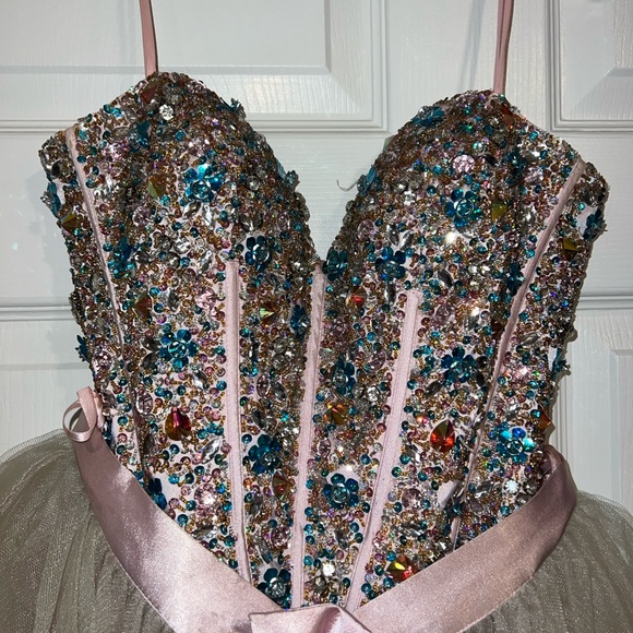 Terani Couture Spaghetti Strap Sequin Prom Dress with Pink Bow - Picture 4 of 8